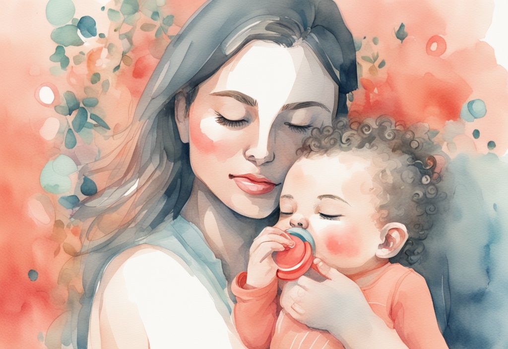 Modern watercolor illustration of a tired mother hugging her calm baby holding a colorful pacifier, related to how to get my baby to stop using me as a pacifier.