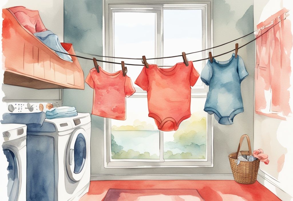 Modern watercolor illustration of coral-themed baby clothes drying on a laundry rack by a sunny window.