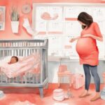 Modern watercolor illustration of a glowing pregnant woman observing a calendar, surrounded by baby items like clothes, toys, and a crib, highlighting when to start buying baby stuff.