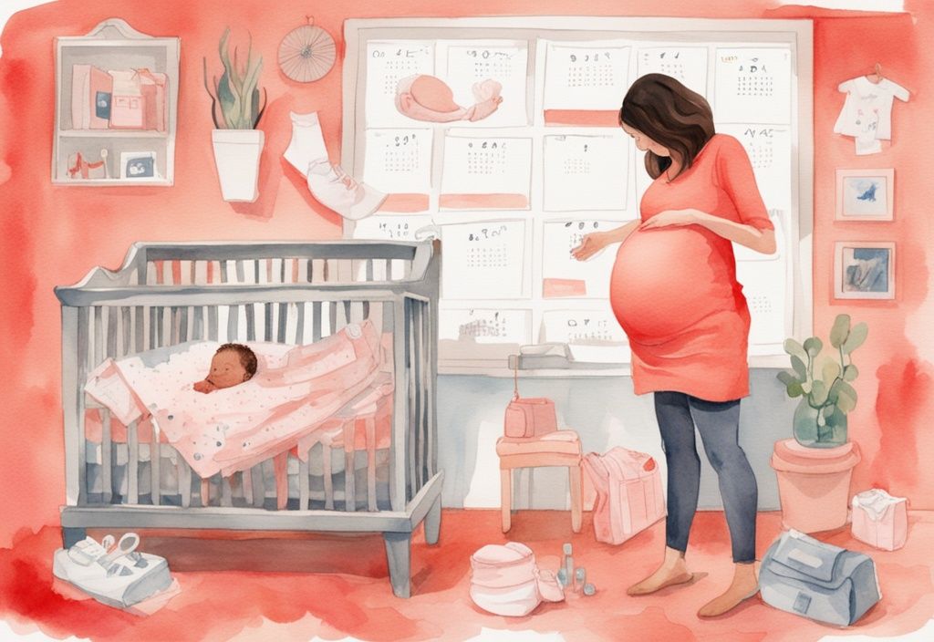 Modern watercolor illustration of a glowing pregnant woman observing a calendar, surrounded by baby items like clothes, toys, and a crib, highlighting when to start buying baby stuff.