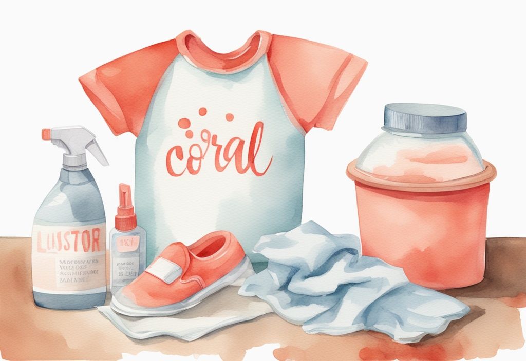 Modern watercolor illustration of soiled baby clothes on a laundry table with coral theme, featuring cleaning solution, brush, and stain removal instruction card.