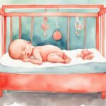 Modern watercolor illustration of a peaceful baby sleeping in a crib with a pacifier, addressing the question: can babies sleep with pacifier, main color theme coral.