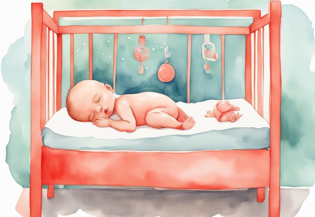 Modern watercolor illustration of a peaceful baby sleeping in a crib with a pacifier, addressing the question: can babies sleep with pacifier, main color theme coral.