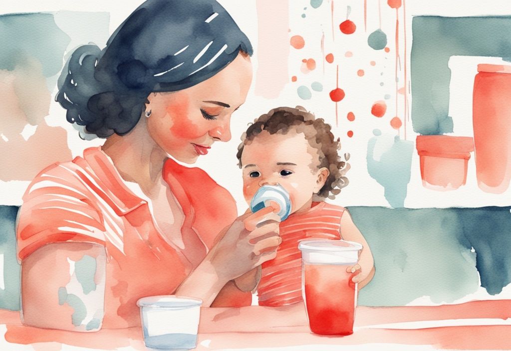 Modern watercolor illustration of a mother guiding baby to drink from a coral-themed sippy cup.