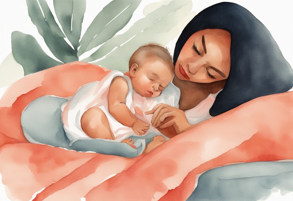 Modern watercolor illustration of a concerned parent examining a rigid baby on a coral-themed blanket.