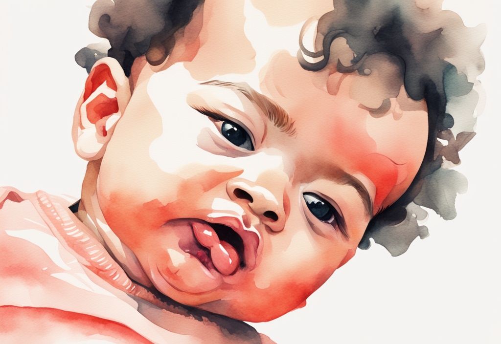 Modern watercolor illustration of a baby with a puzzled expression, coral color theme, rubbing ear and head.