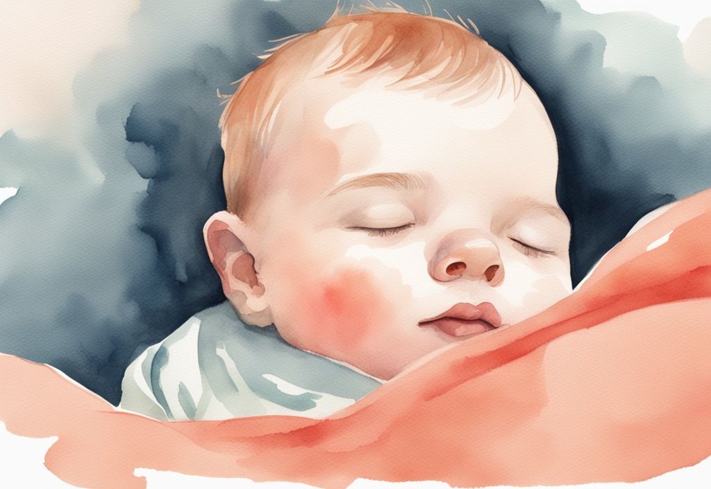 Modern watercolor illustration of a sleeping baby on a soft blanket with a coral color theme.