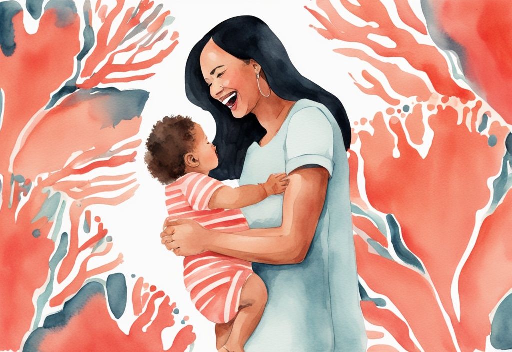 Modern watercolor illustration of a young mother and baby playfully interacting, coral color theme, mouths open as if speaking.