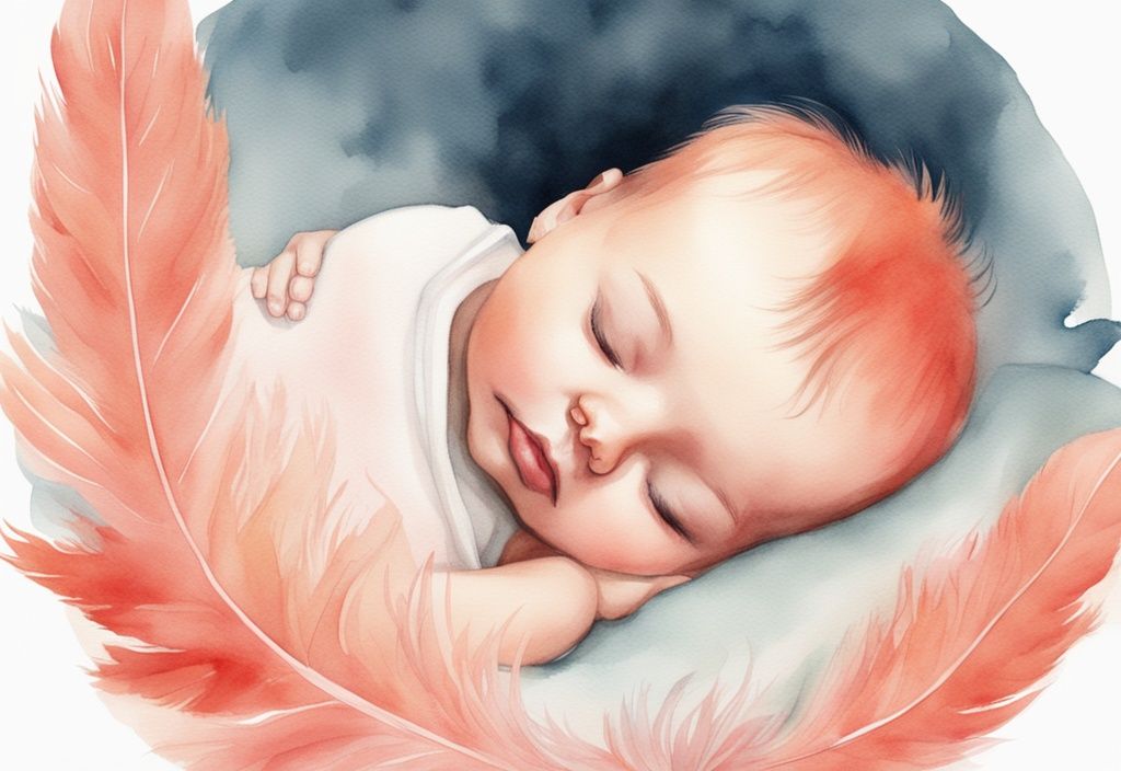 Modern watercolor illustration of a newborn baby sleeping peacefully, surrounded by soft feathers and an ethereal glow, with a coral color theme.