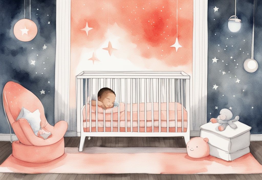 Modern watercolor illustration of a baby sleeping peacefully in a crib with coral hues, featuring a warm nightlight, white noise machine, and soothing baby mobile.