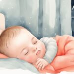 Modern watercolor illustration of a baby sleeping peacefully at 3am in a softly lit room, with a parent quietly exiting; a visual guide on how to stop baby waking at 3am.