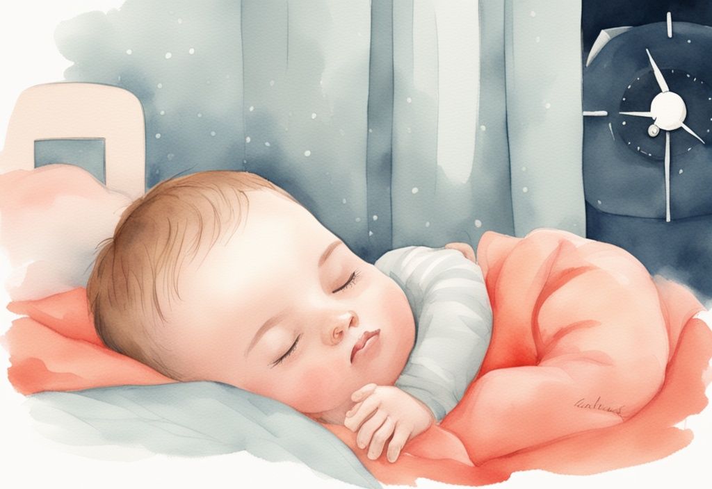 Modern watercolor illustration of a baby sleeping peacefully at 3am in a softly lit room, with a parent quietly exiting; a visual guide on how to stop baby waking at 3am.