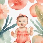 Modern watercolor illustration of a baby in cute modeling outfits posing for a photographer with excited parents, showcasing how to get your baby into modeling.