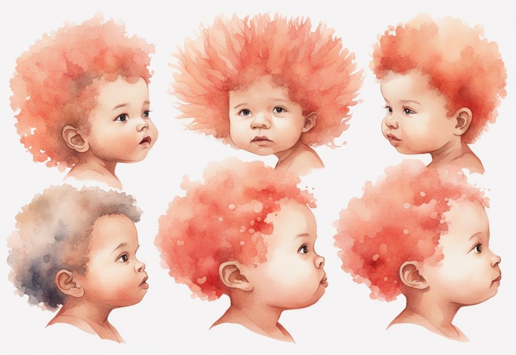 Modern watercolor illustration of a baby with coral theme, showing hair texture changes over time.