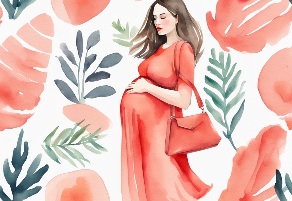 Modern watercolor illustration of a pregnant woman in coral-themed flowy clothing with accessories like a large handbag and statement scarf, subtly masking her baby bump.