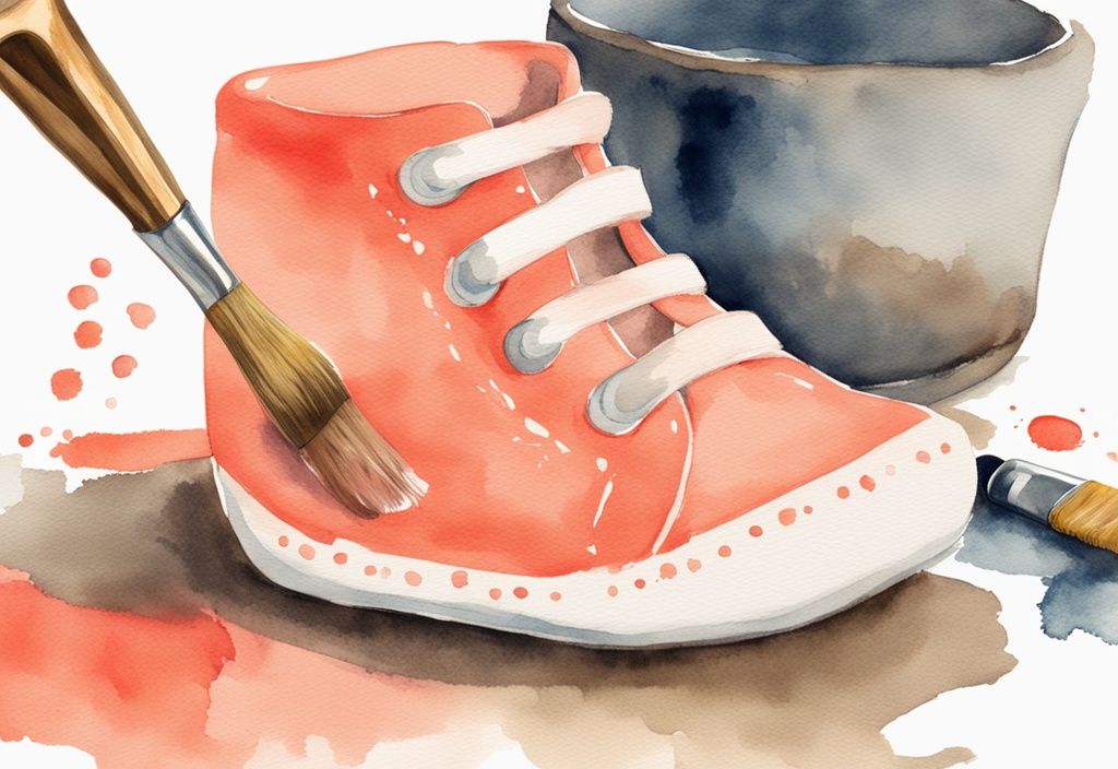 Modern watercolor illustration of how to bronze baby shoes, featuring coral-themed baby shoes being coated with bronze paint, with a brush and paint pot in the background.