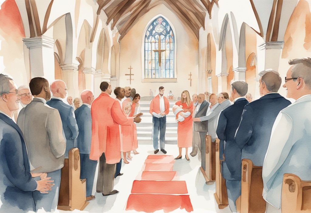 Modern watercolor illustration of a family presenting their baby to clergy in a church for a baby dedication ceremony, highlighting the theme of what is a baby dedication with coral colors.