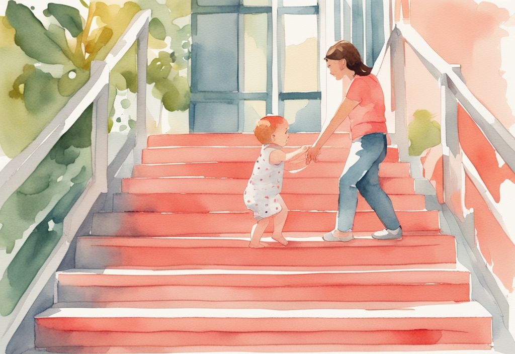 Modern watercolor illustration of a cheerful baby climbing stairs with a watchful parent in coral tones.