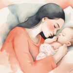 Modern watercolor illustration of a mother gently stirring her peacefully sleeping newborn to wake up for feeding, featuring coral tones; how to wake up newborn to feed.