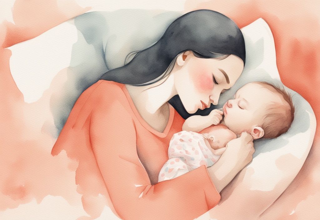 Modern watercolor illustration of a mother gently stirring her peacefully sleeping newborn to wake up for feeding, featuring coral tones; how to wake up newborn to feed.