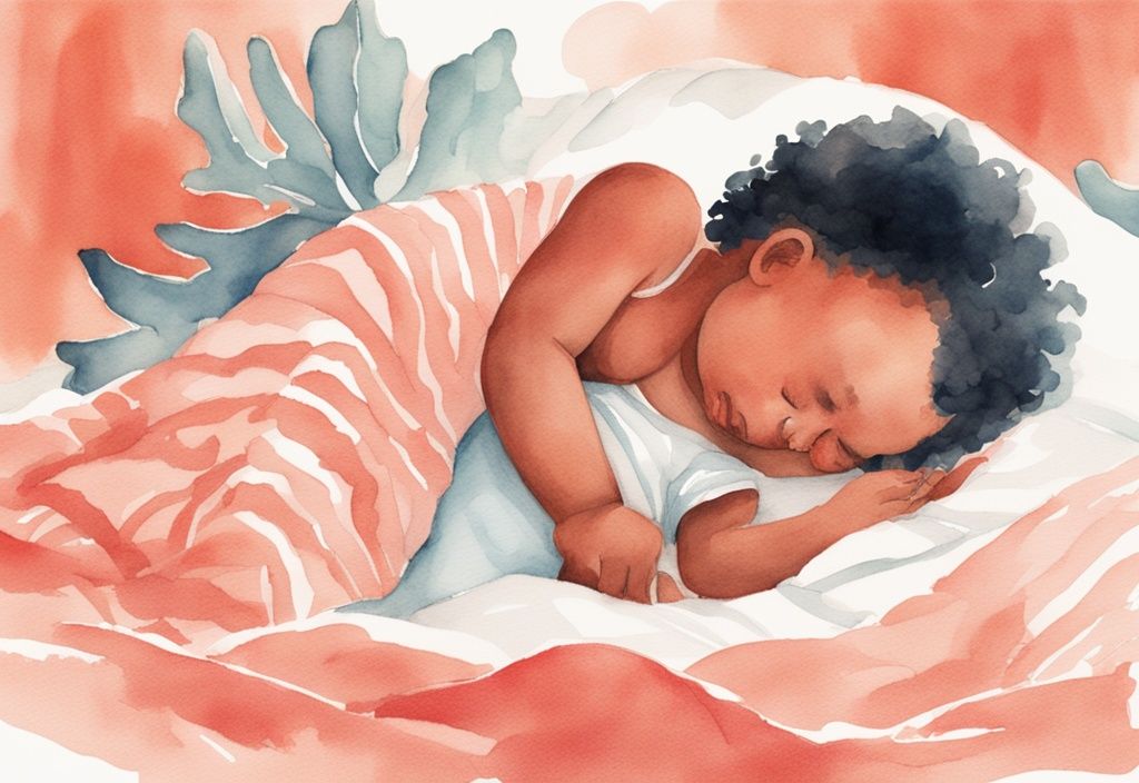 Modern watercolor illustration of a concerned parent examining a rigid baby on a soft blanket, coral color theme.