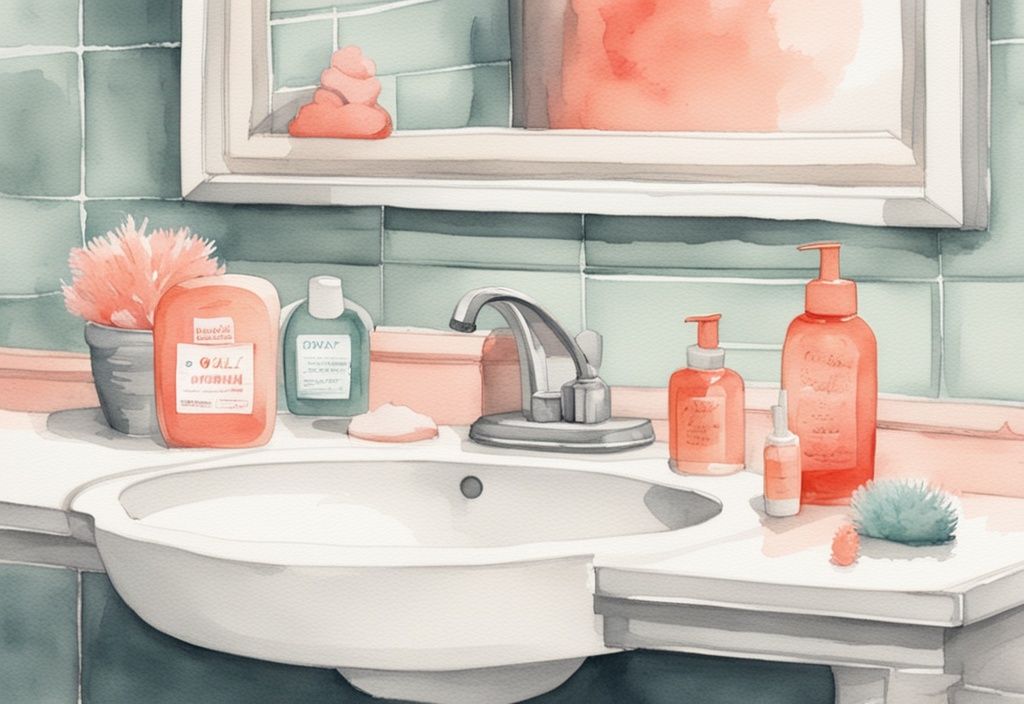 Modern watercolor illustration of coral-themed baby-friendly soaps, sink, baby bottles, and bottle brush.