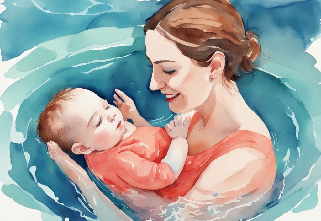 Modern watercolor illustration of a mother teaching baby to swim in a clear blue pool, showcasing a joyful bonding moment, keyword: how to teach baby to swim.