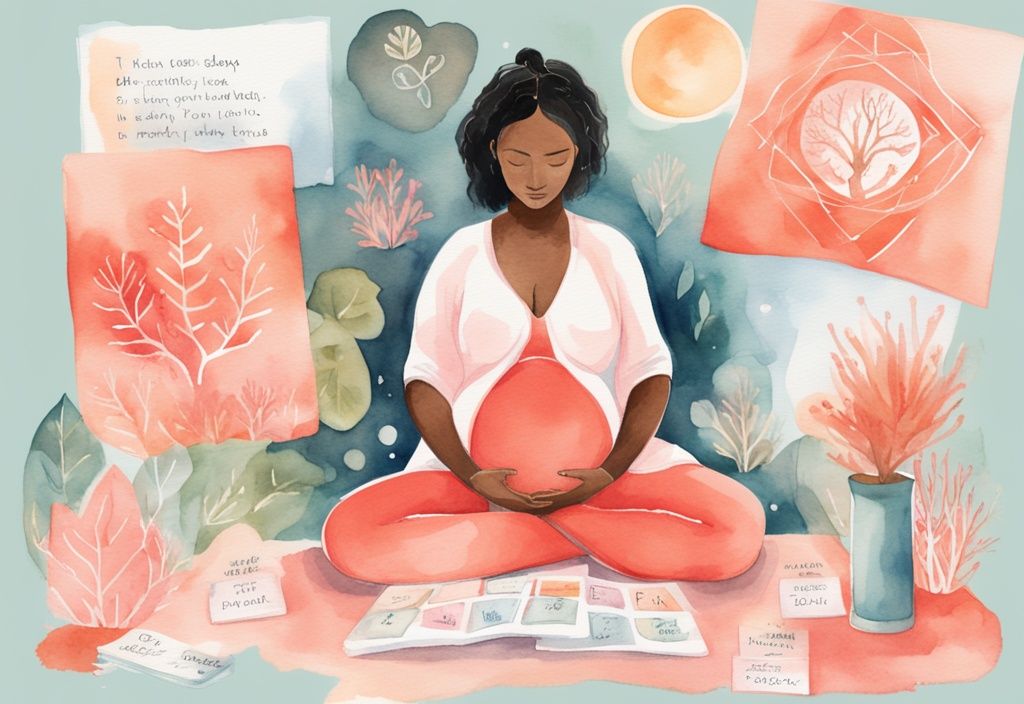 Modern watercolor illustration of a glowing pregnant woman meditating, surrounded by positive affirmation cards and baby-themed vision board, coral color theme.