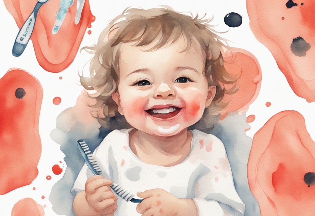 Modern watercolor illustration of a baby's smile with black stains on milk teeth, gentle hand holding a soft toothbrush with toothpaste, coral color theme.