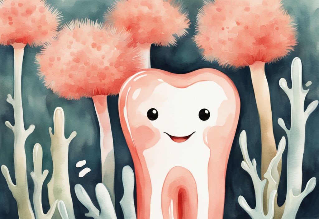 Modern watercolor illustration of a baby tooth with roots next to a toothbrush, highlighting do baby teeth have roots when they fall out, in a soothing coral theme.