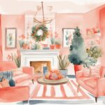 Modern coral-themed watercolor illustration of a spacious living room with festive decorations, baby shower games, snack table, and expecting parents mingling with guests, ideal for ideas on where to have a baby shower.