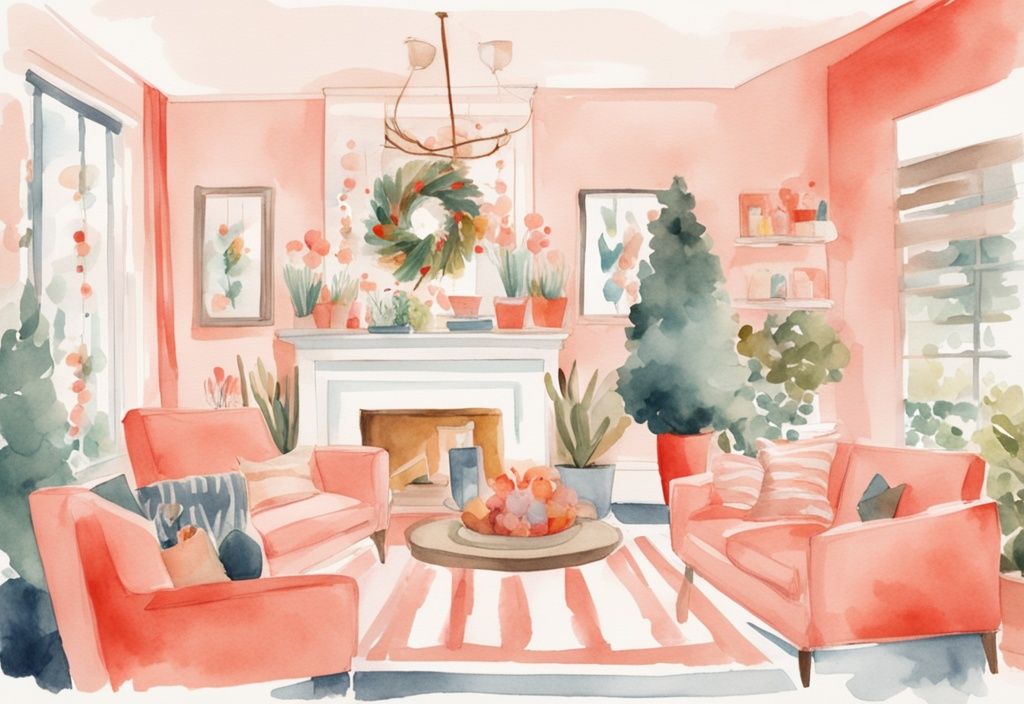 Modern coral-themed watercolor illustration of a spacious living room with festive decorations, baby shower games, snack table, and expecting parents mingling with guests, ideal for ideas on where to have a baby shower.