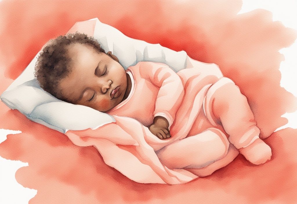 Modern watercolor illustration of a baby sleeping peacefully with a coral color theme and a plush lovey nearby.