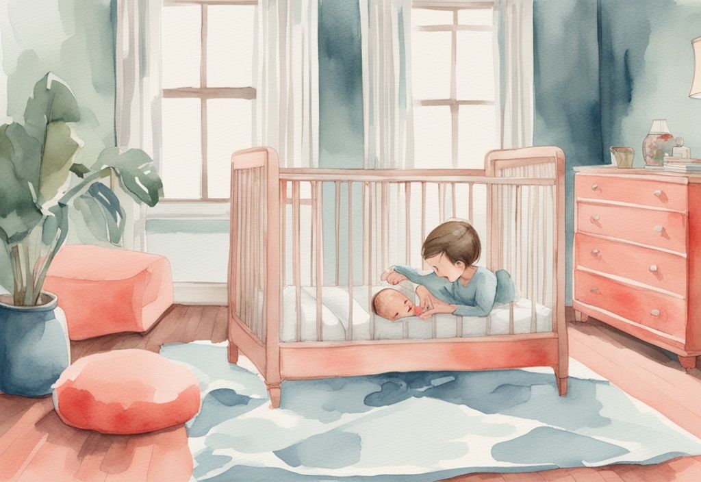 Modern watercolor illustration of a parent adjusting baby crib mattress support, addressing the question of when to lower baby crib, while a curious baby plays safely on a floor mat nearby in a coral-themed setting.