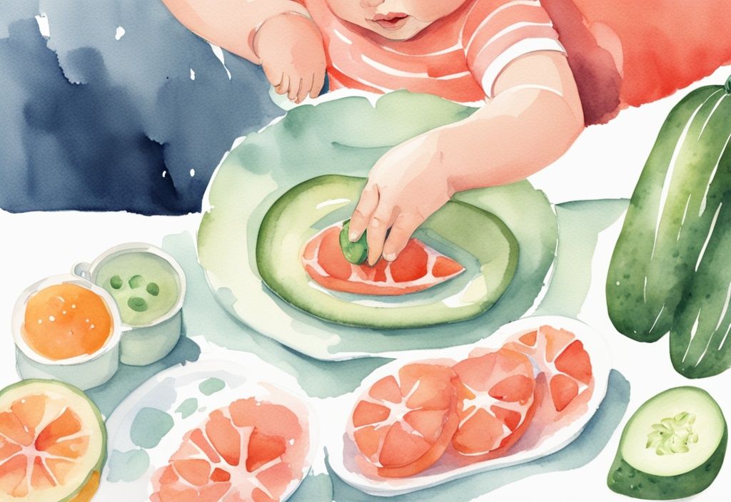 Modern watercolor illustration of a baby in a highchair reaching for a parent's hand offering cucumber pieces on a colorful plate, coral color theme.