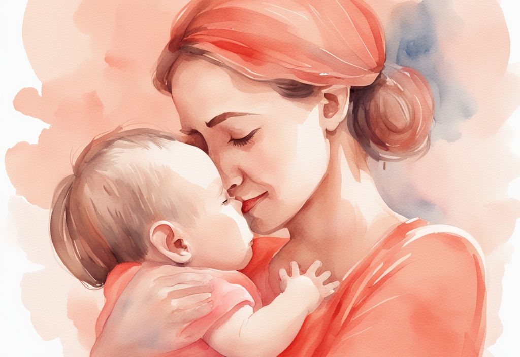 Modern watercolor illustration of a tired mother hugging her calm baby holding a colorful pacifier, related to the topic of how to get my baby to stop using me as a pacifier, with a coral color theme.