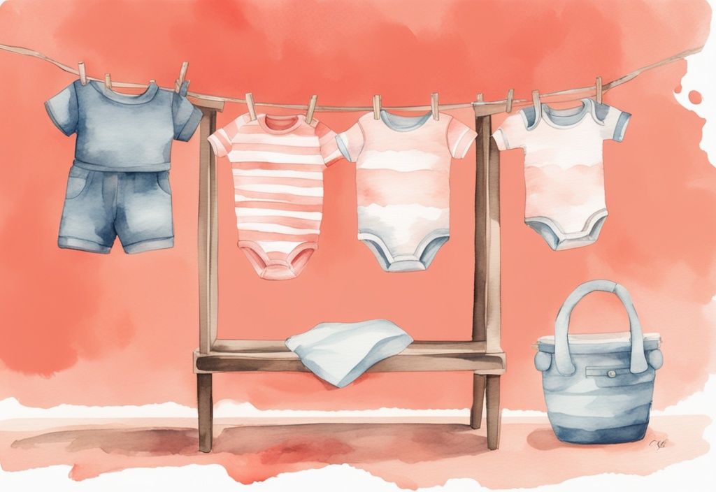 Modern watercolor illustration of freshly washed baby clothes drying on an indoor rack, showcasing how to dry baby clothes with a coral color theme.