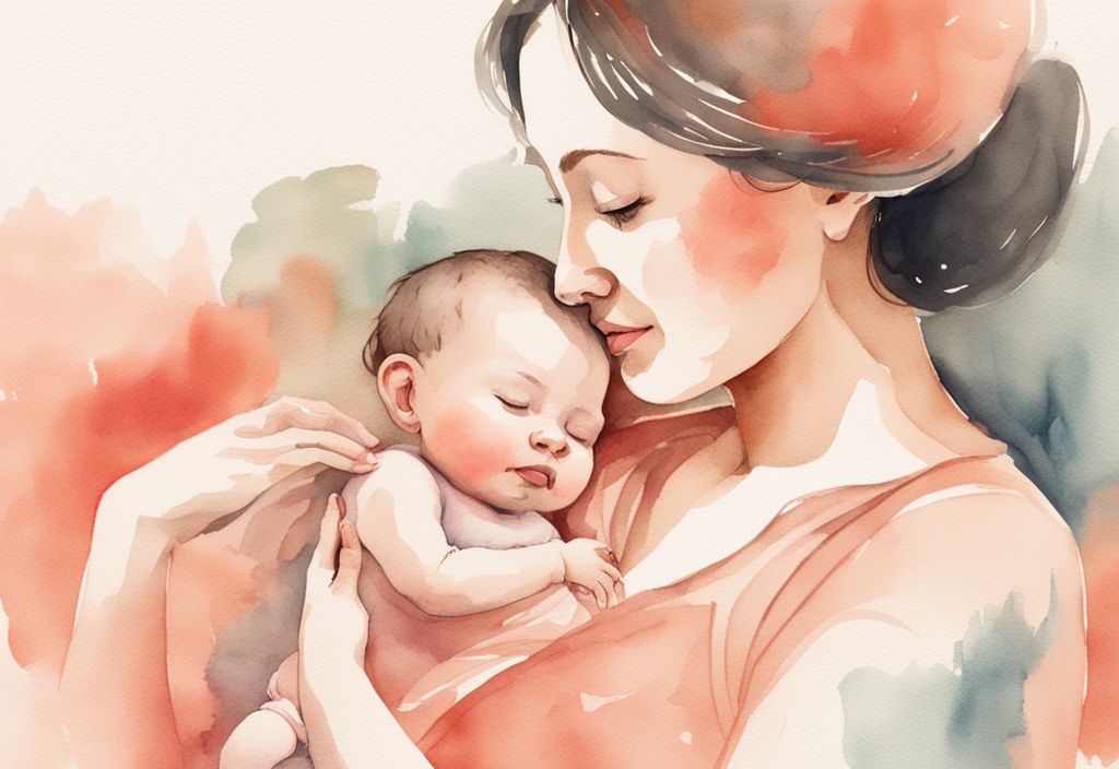 Modern watercolor illustration of a mother soothing her newborn with a bandage on the mouth, featuring coral colors, toys, and lullaby music.