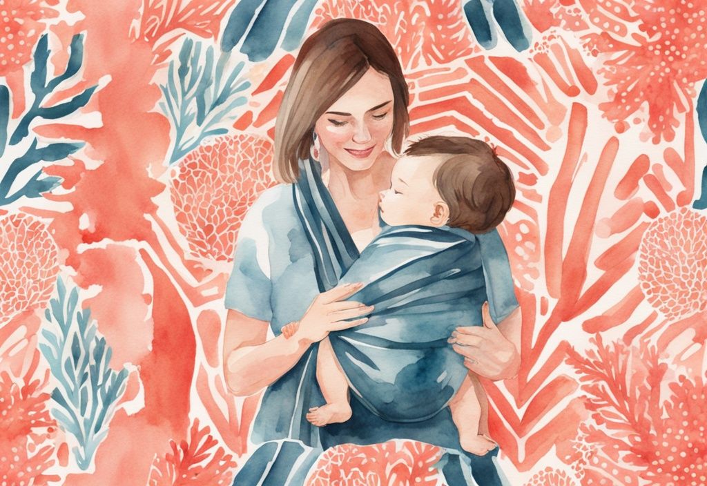 Modern watercolor illustration of hands creating a baby sling with a coral-themed scarf.