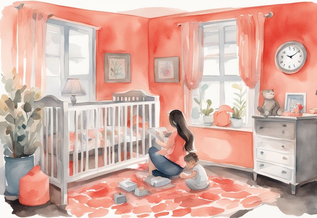 Modern watercolor illustration of a tired mother glancing at the clock, with an active baby playing in a crib, coral color theme