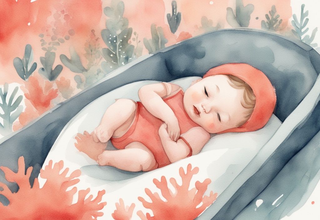 Modern watercolor illustration of a sleeping baby in a coral-themed pack and play with a timer showing sleep duration.