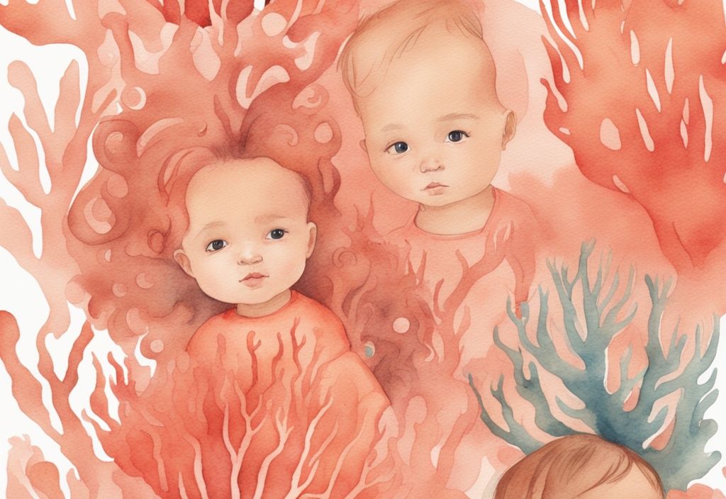 Modern watercolor illustration of a baby's hair texture progression in coral tones, depicting growth stages.