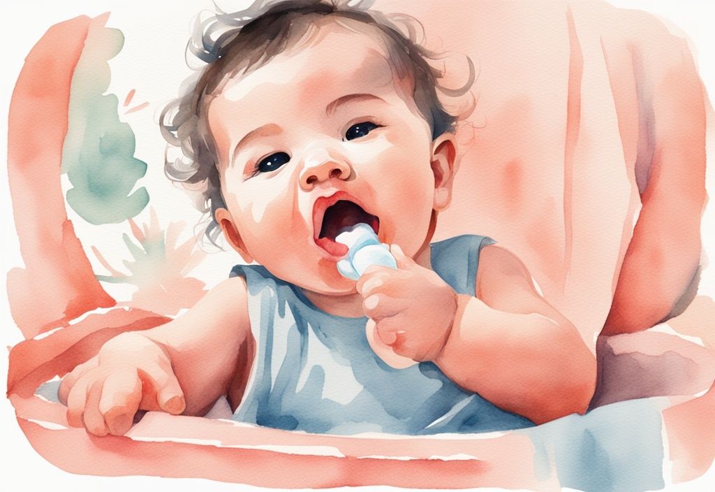 Modern watercolor illustration of a gentle hand cleaning an infant's mouth with a soft baby tongue cleaner, coral color theme.