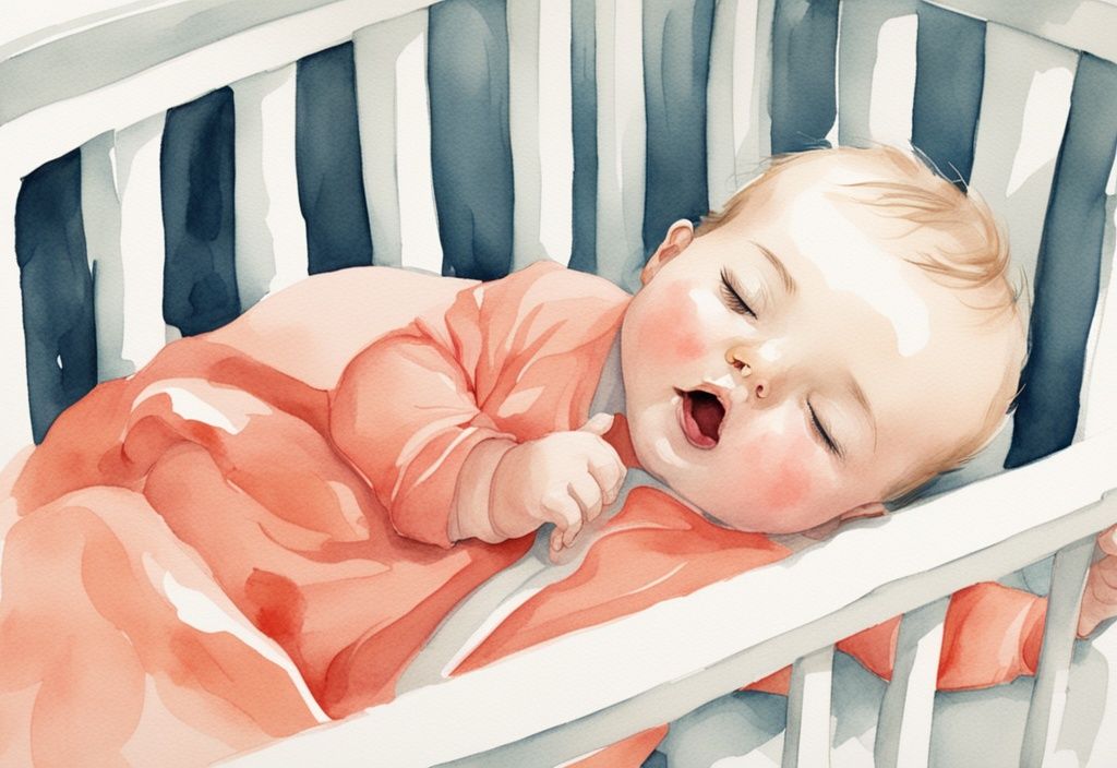 Modern watercolor illustration of a baby wakes up when put down, with coral color theme, depicting a baby opening eyes and stretching in a crib.