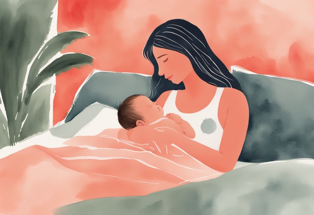 Modern watercolor illustration depicting a serene scene of a parent rocking a peacefully sleeping baby in a cozy, low light environment, illustrating how to put a baby to sleep in 10 seconds with a coral color theme.