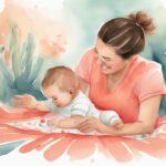 Modern watercolor illustration of a cheerful baby on a coral-themed play mat, guided by a caring parent, demonstrating how to get a baby to roll from belly to back.