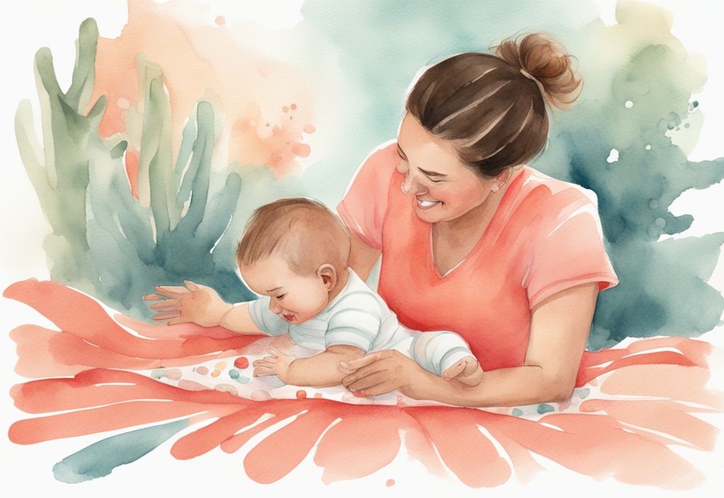 Modern watercolor illustration of a cheerful baby on a coral-themed play mat, guided by a caring parent, demonstrating how to get a baby to roll from belly to back.