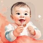 Modern watercolor illustration of a smiling baby learning how to get a baby to drink from a straw, with a guiding hand assisting, in a coral color theme.