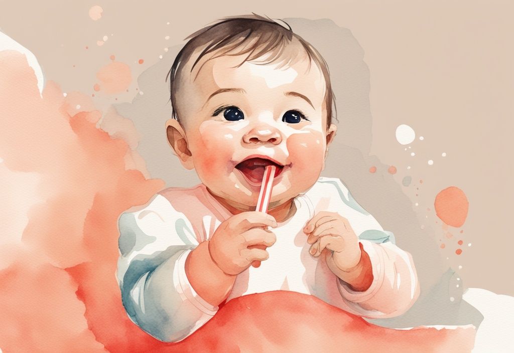 Modern watercolor illustration of a smiling baby learning how to get a baby to drink from a straw, with a guiding hand assisting, in a coral color theme.