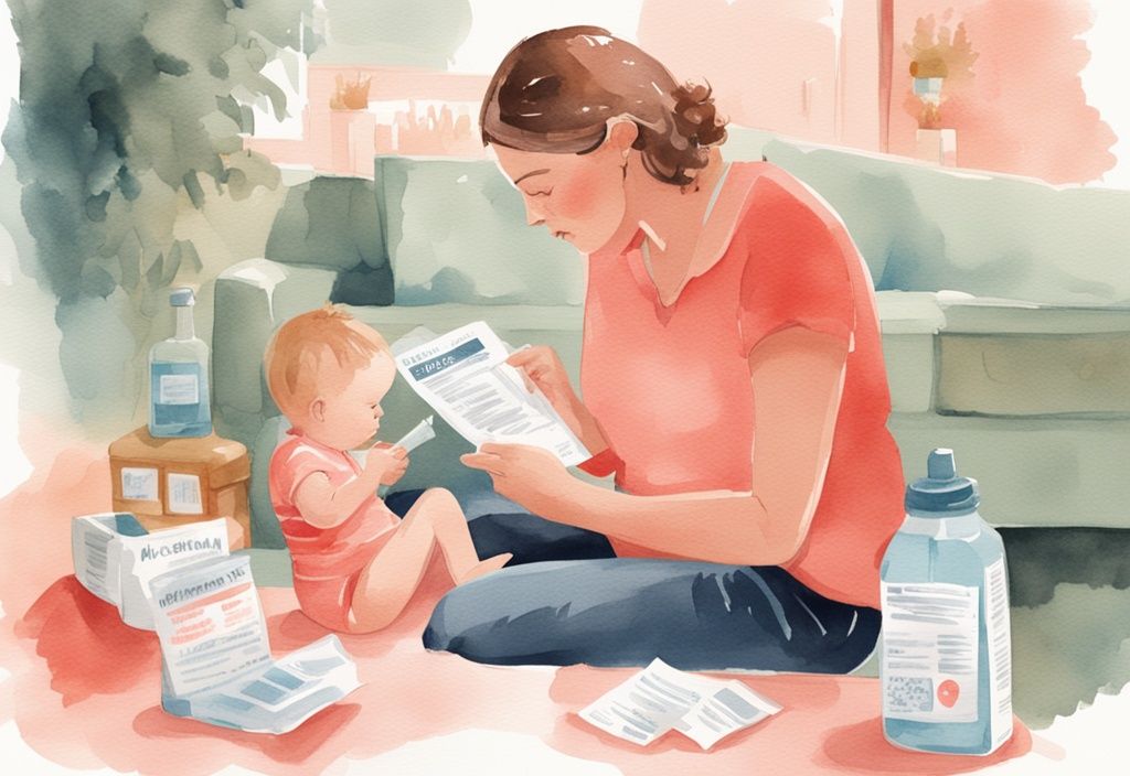 Modern watercolor illustration of a concerned parent reading a "Vaccinations and Your Baby" pamphlet, with coral color theme and baby Tylenol bottle in the background.